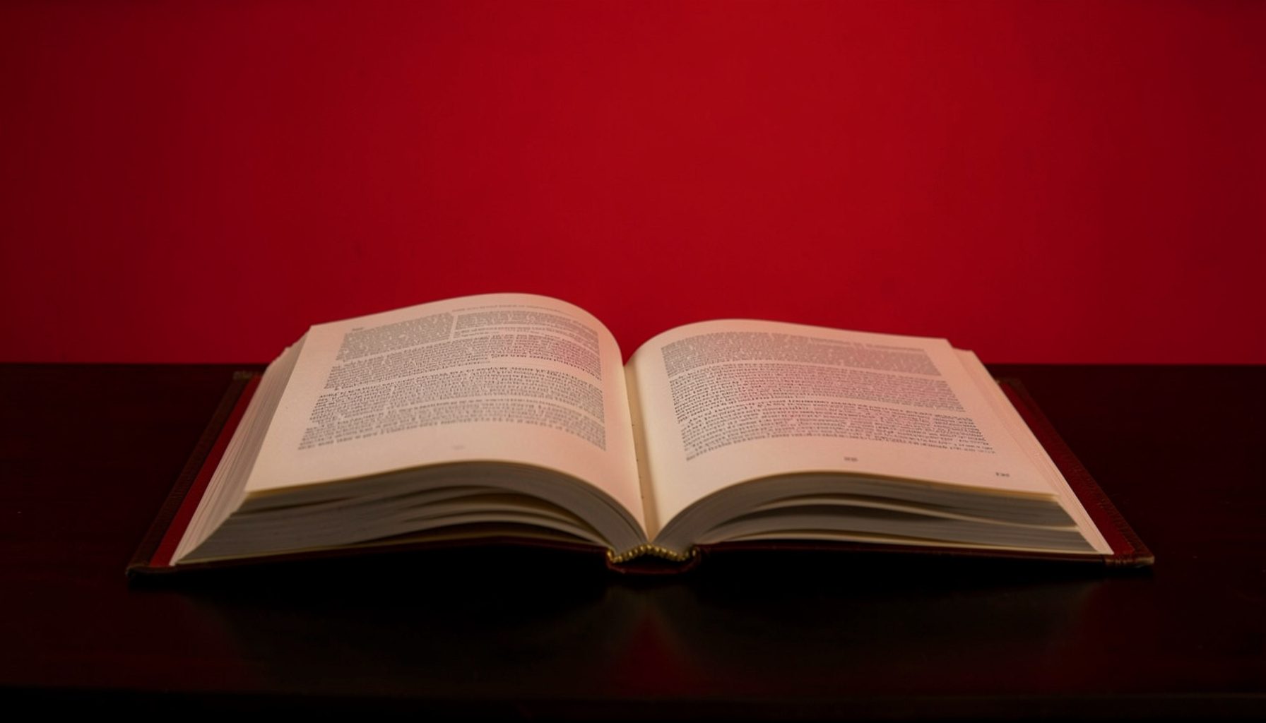 Open book on a dark desk with soft warm light, deep browns and muted gold tones