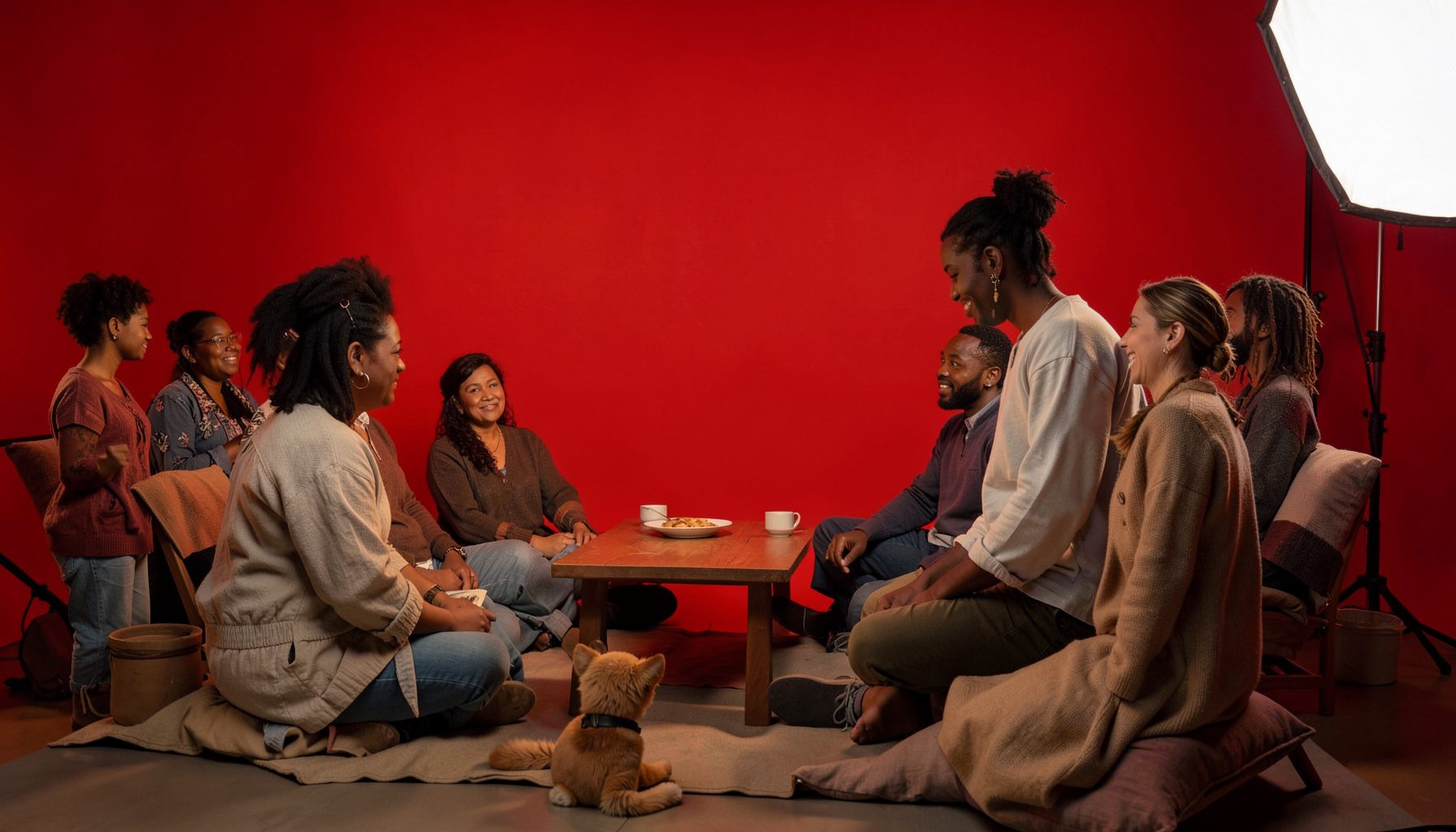 A warm, softly lit gathering space with muted earth tones and gentle amber highlights, conveying community and connection
