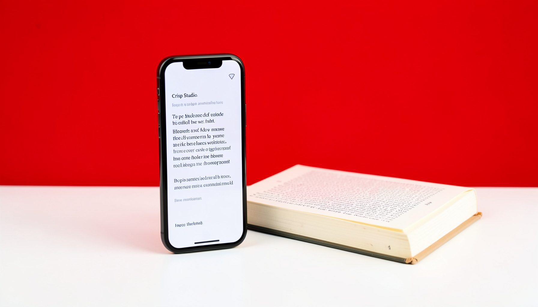 A smartphone displaying text on screen beside a paper book, warm ambient light on a clean white backdrop