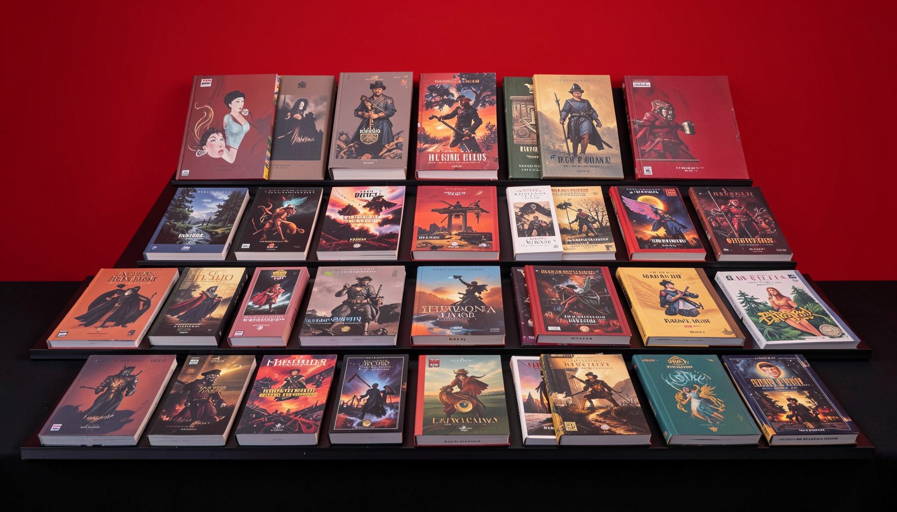 A wide grid of book covers in muted reds, blues, and golds arranged on a dark surface