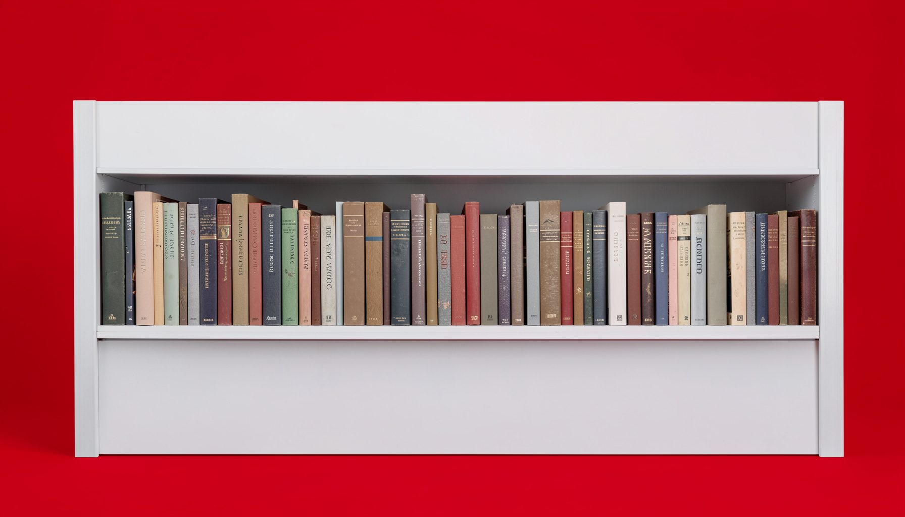 A neatly arranged bookshelf row with varied spines in muted earth tones, shot on a seamless light backdrop