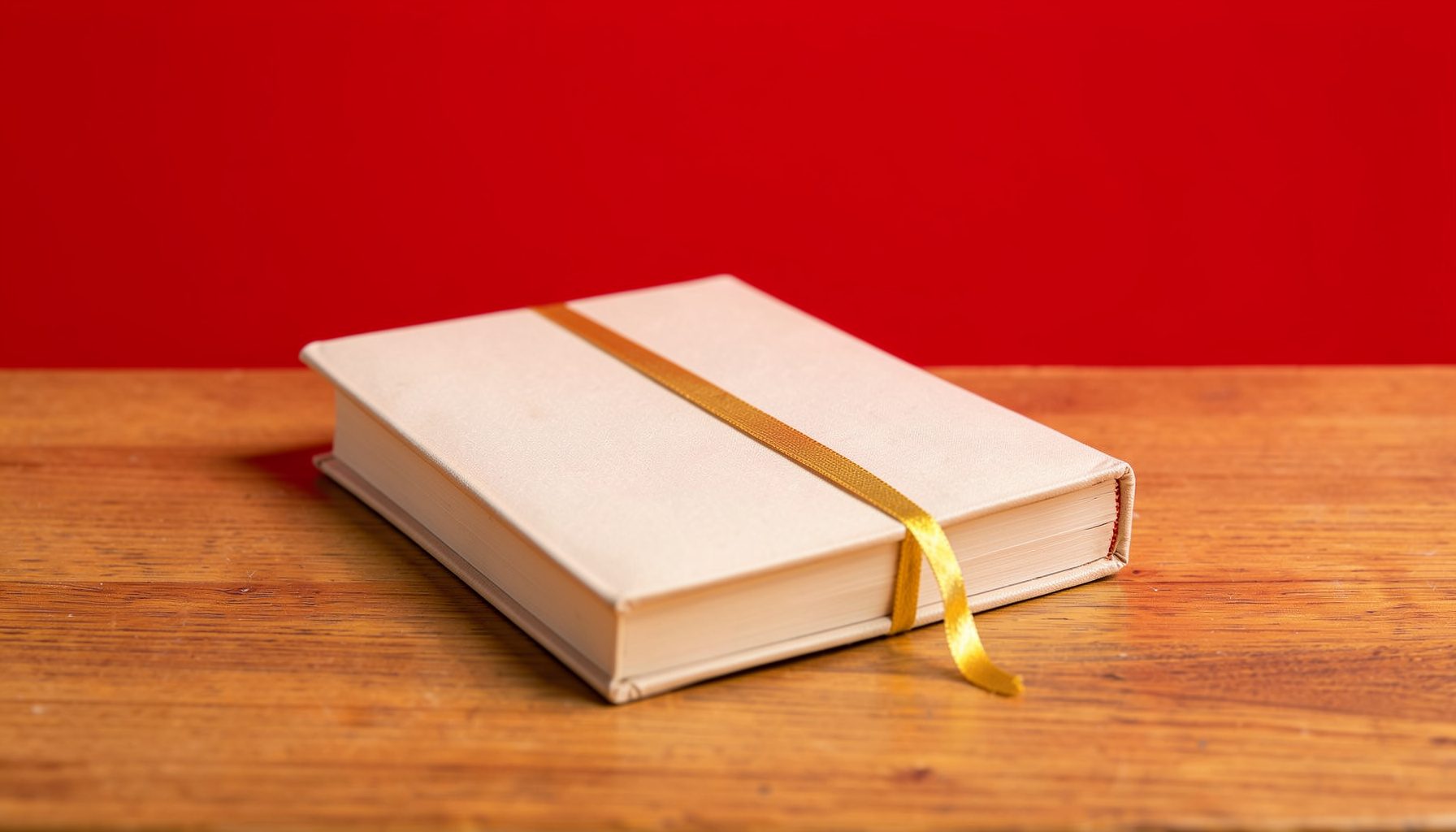 A single closed book with a gold ribbon bookmark resting on a wooden desk in warm light